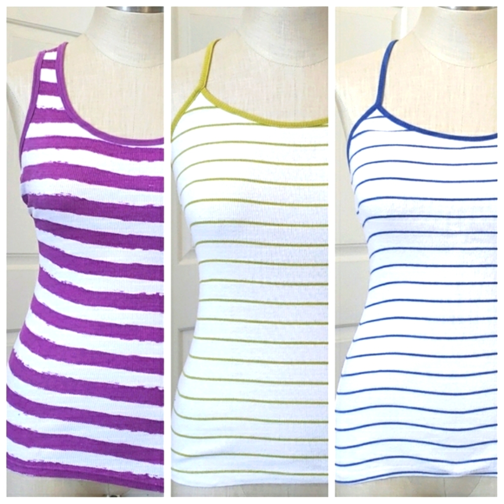 Vintage 90s Ribbed Tanks Racerback White Purple Blue Green Striped